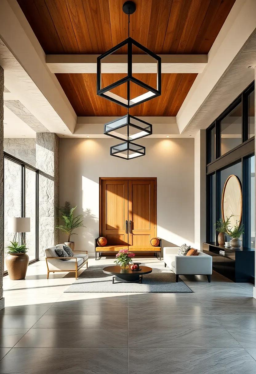 Geometric Ceiling Fixtures Casting Symmetrical Shadows Enhancing Modern Entry Designs