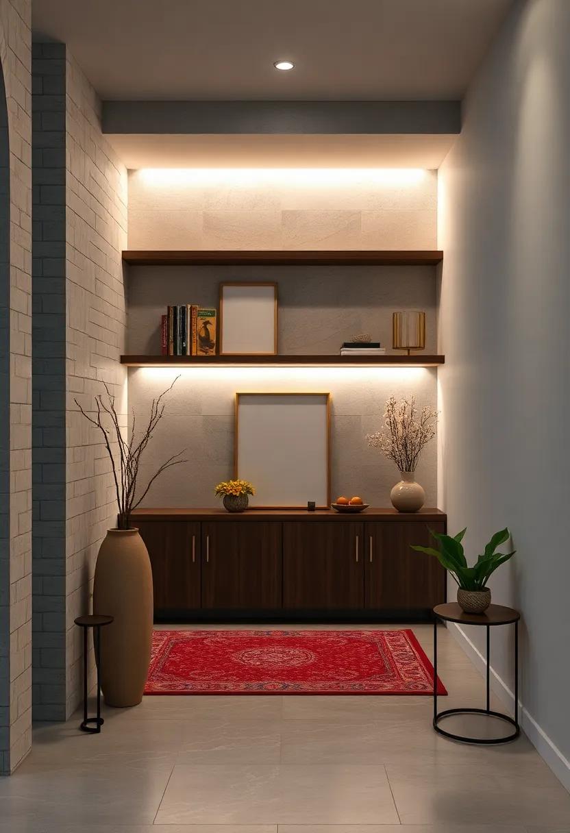 LED Strip Lights Under Floating Shelves Adding Subtle Depth And Warmth To The Entry