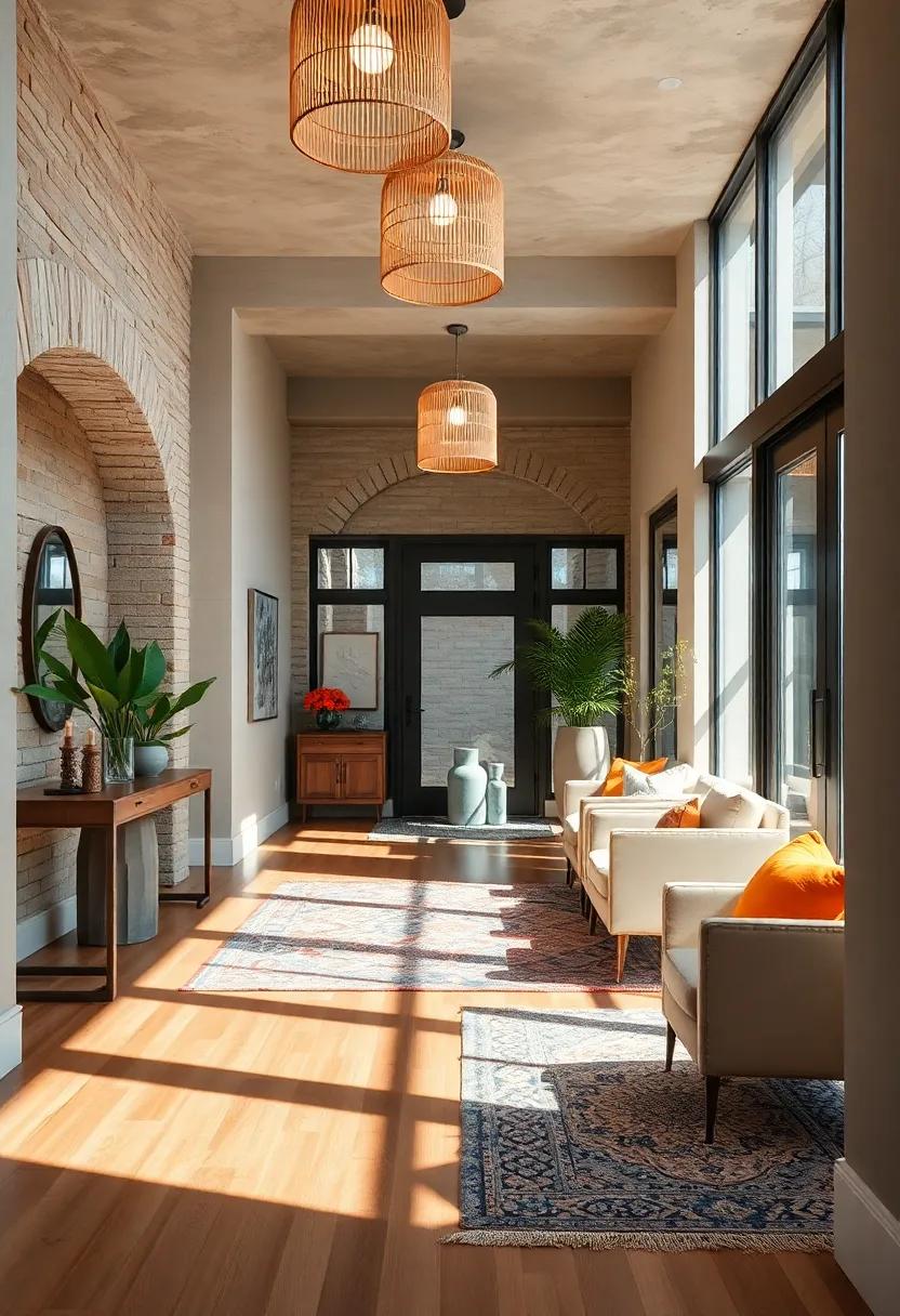 Natural Fiber Lamps Casting Gentle Patterns Over Wooden Floors And Cozy Rugs In The Foyer