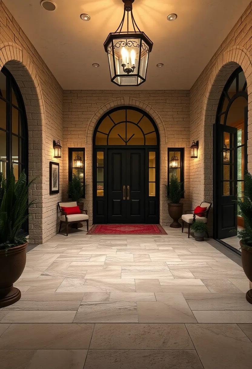 Old World Lantern Fixtures Casting Intricate Light Patterns Over A Stone Entry Floor