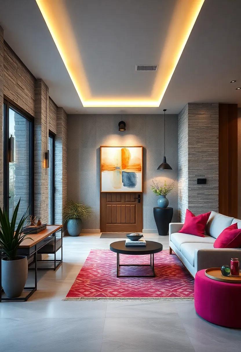 Sleek Recessed Lighting Highlighting Contemporary Wall Art Near The Entry Door