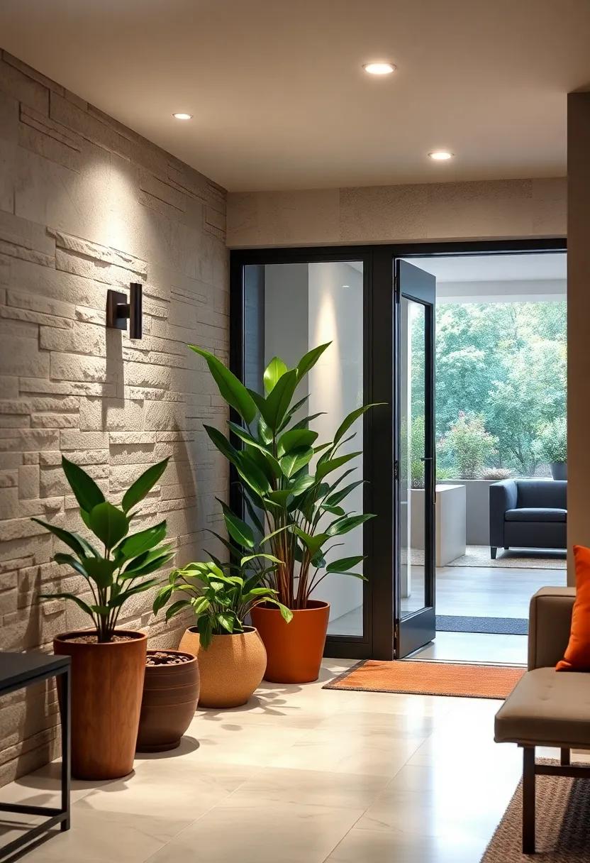 Soft Downlights Gently Illuminating Potted Greenery Beside Contemporary Glass Doors
