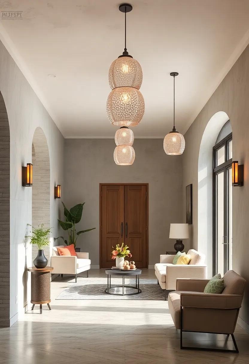 Textured Glass Pendants Emitting Muted Color Hues Creating An Intimate Entry Atmosphere