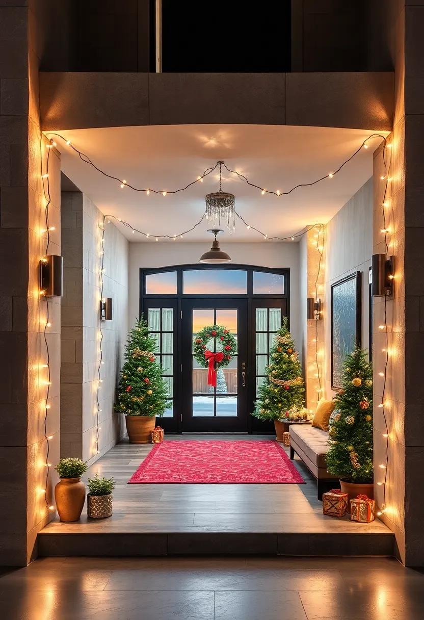 Twinkling Fairy Lights Draped Artistically Around A Festive Holiday-Themed Entryway