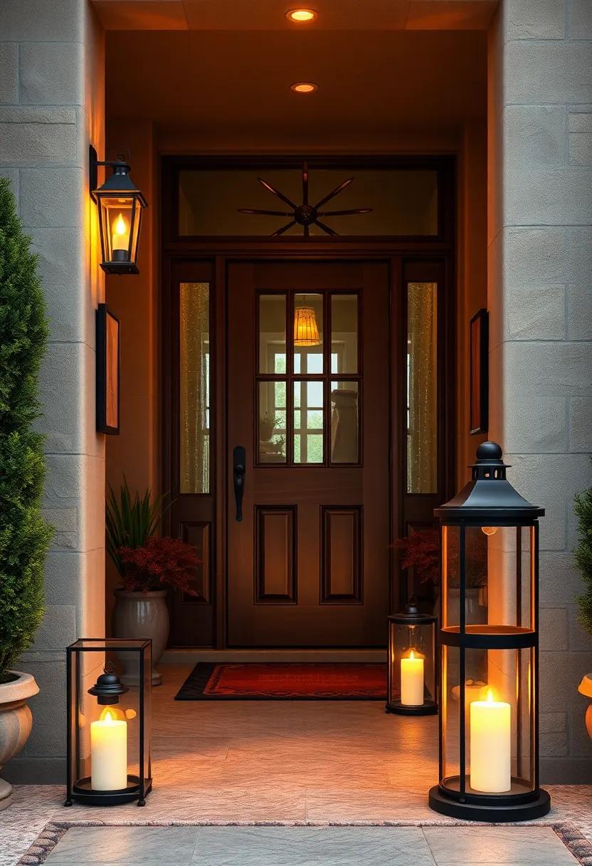 Vintage Lanterns Emitting A Cozy Amber Shine Along A Rustic Front Door Path