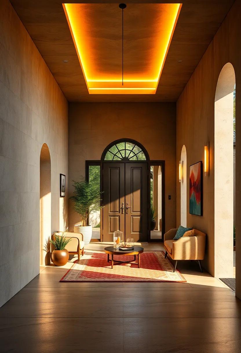 Warm Golden Glows Casting Welcoming Shadows Across A Stylish Entryway Space