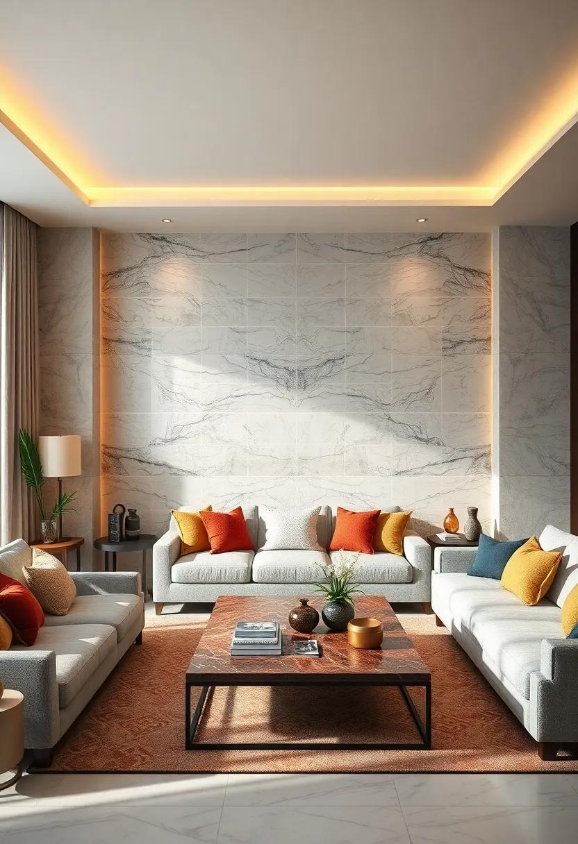 The Elegance of Marble Tile Accent Walls Illuminating a Modern Living Room Ambiance