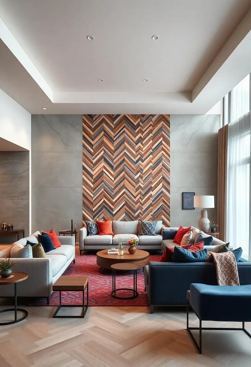 Bold Chevron Pattern Tiles Adding Energy and Direction to a Spacious Living Area