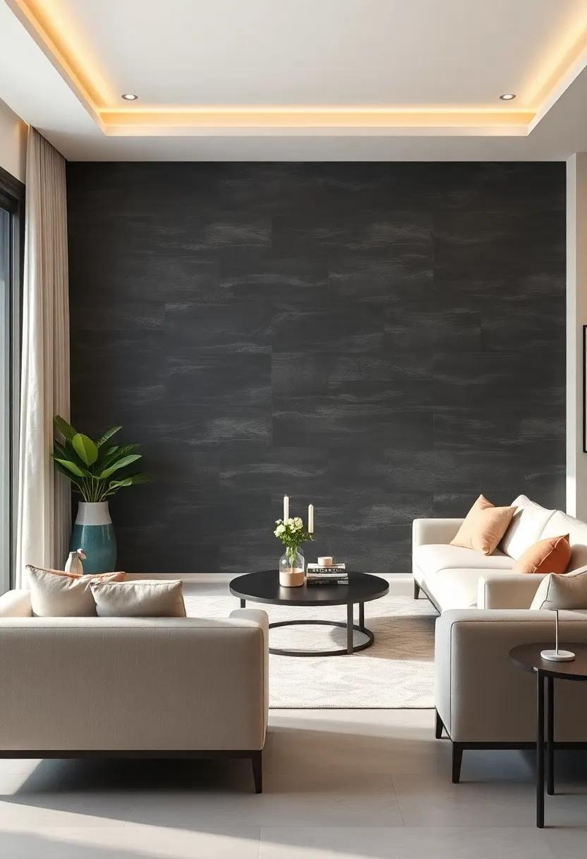 Dark Slate Tiles Contrasting with Light Furnishings to Deliver a Sleek Modern Edge