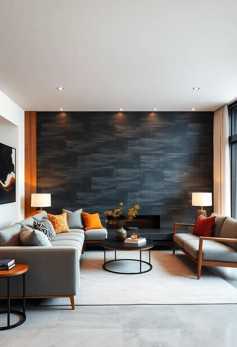 Dramatic Black Slate Tiles with Complementary Warm Wood Accents for Balanced Contrast
