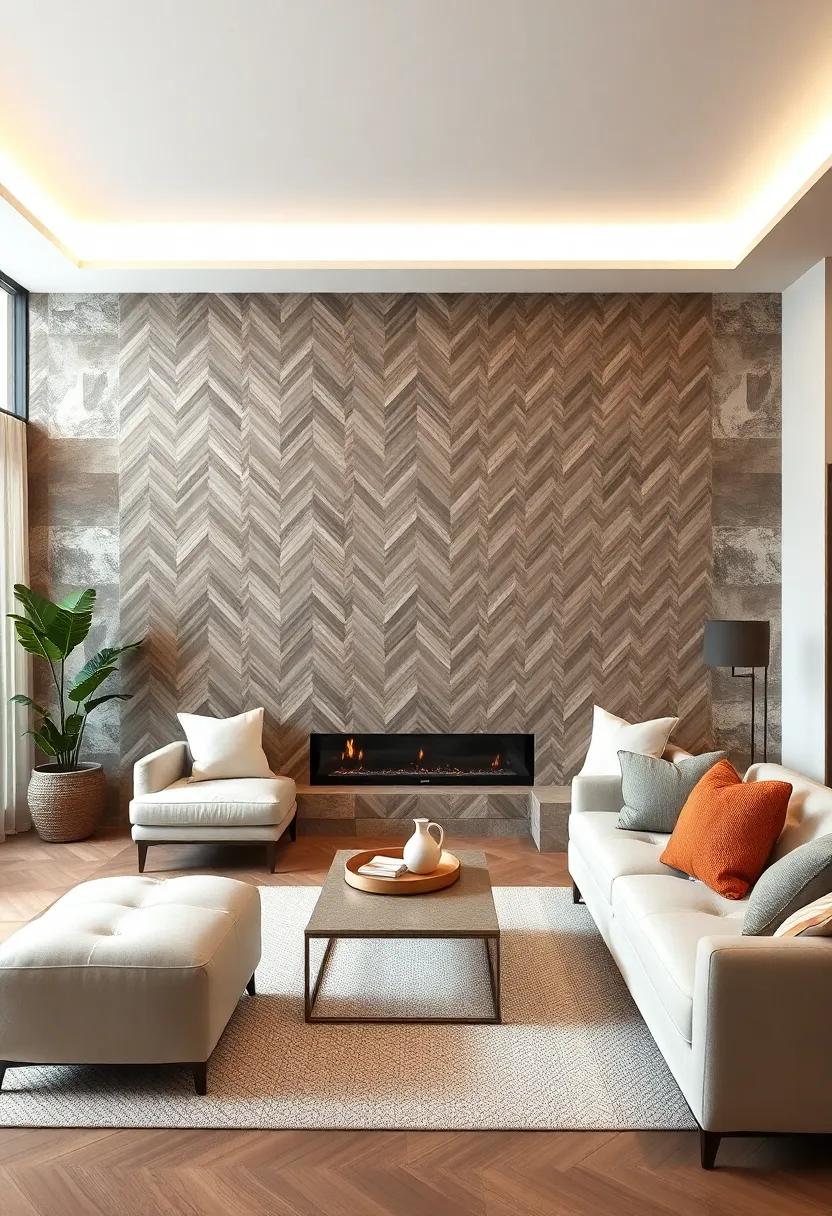 Elegant Chevron Patterns in Neutral Shades Elevating a Sophisticated Living Space