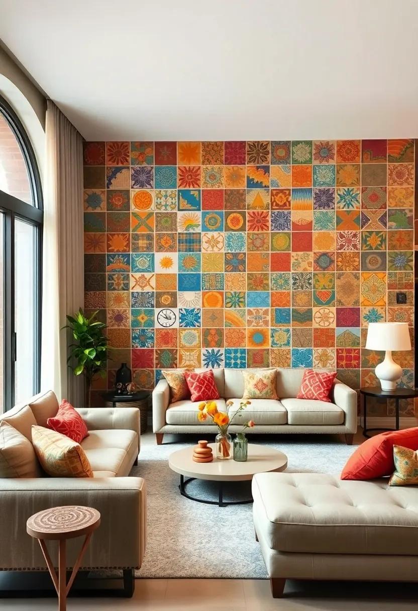 Colorful Hand-Painted Tiles Showcasing Cultural Heritage in a Vibrant Statement Wall