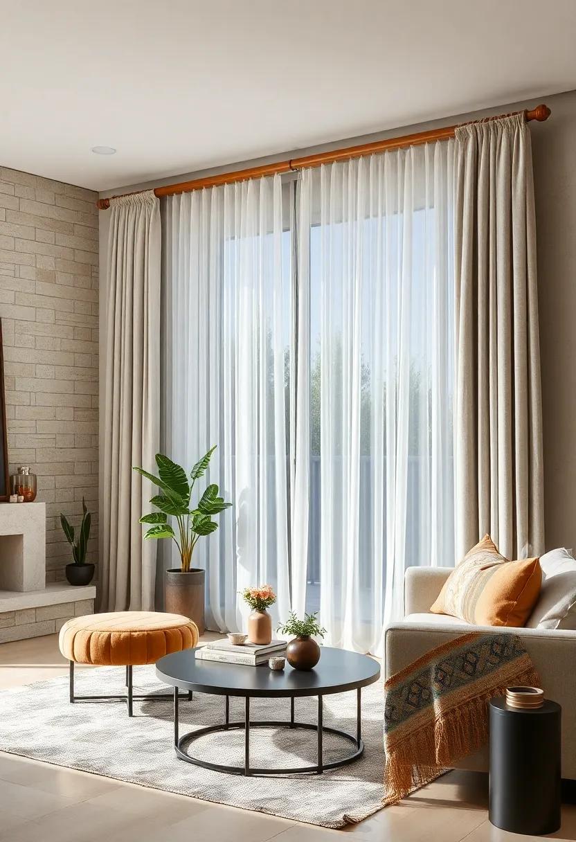 Elevate Living Room Ambiance With Sheer Curtains Draped Elegantly On Sleek Wooden Rods