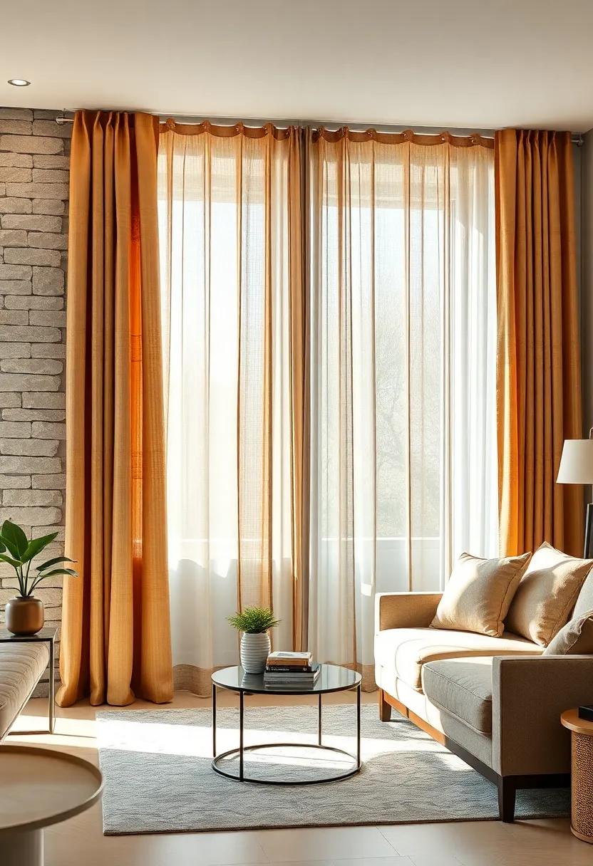 Layered Curtains In Earthy Hues Mounted On Natural Wood Rods For A Textured Visual Appeal