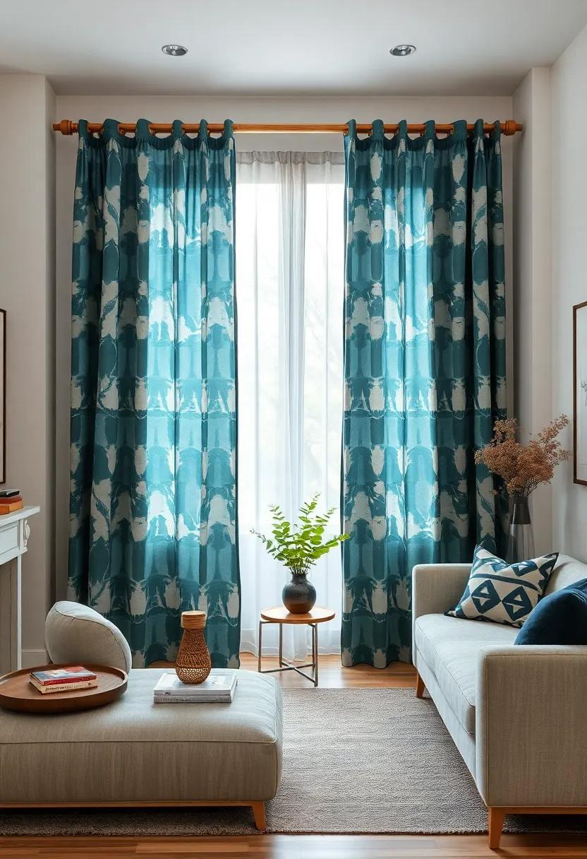 Bold Graphic Print Curtains Draped Over Natural Oak Rods For A Striking Yet Balanced Look