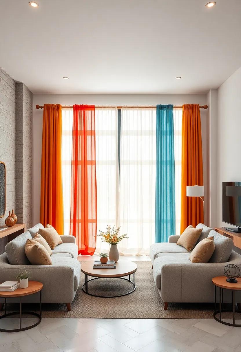 Bright Colored Curtains On Slim Wooden Rods Adding A Playful Yet Elegant Touch To A Modern Lounge