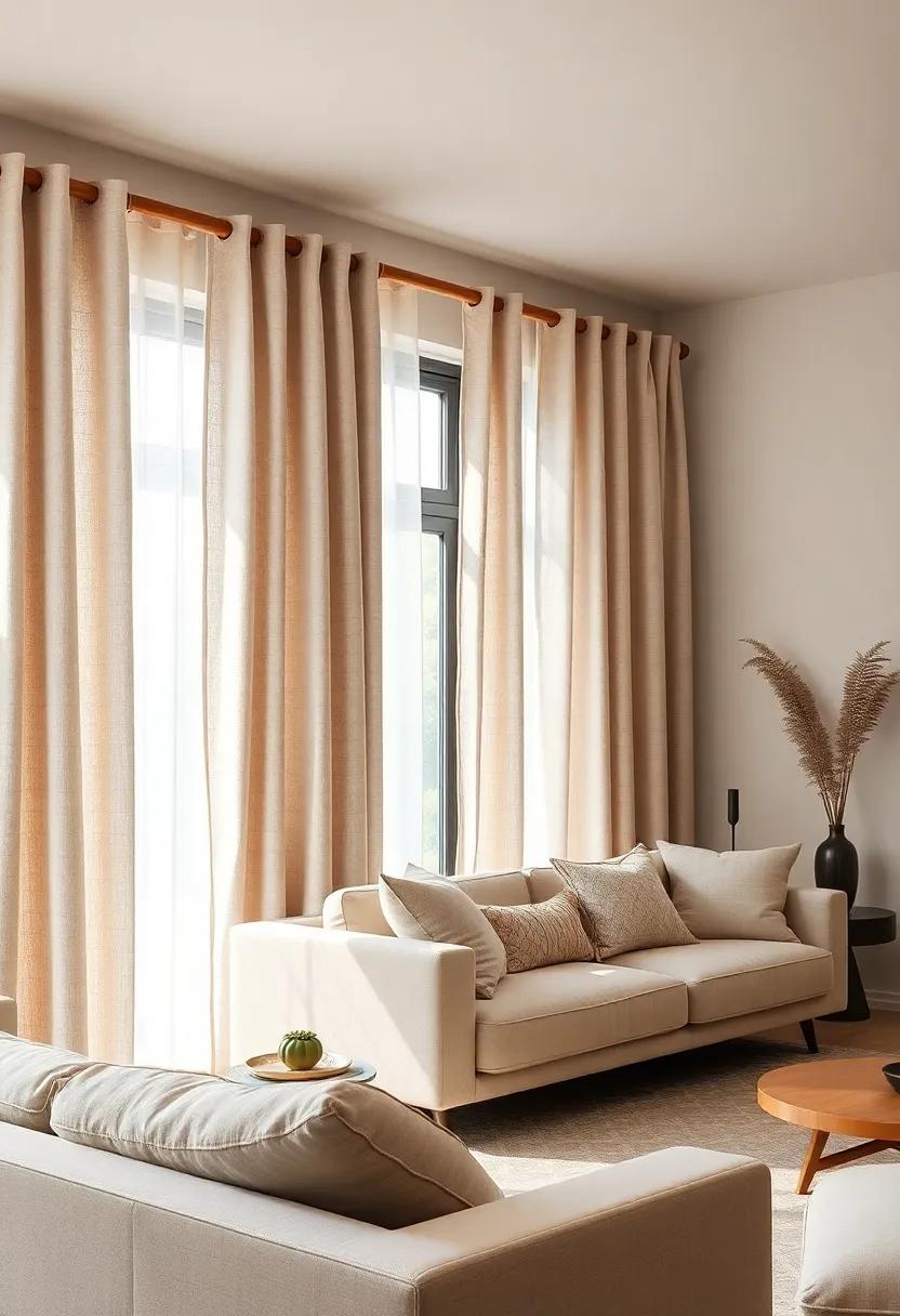Neutral Linen Curtains Combined With Smooth Maple Rods Emphasizing Simplicity And Elegance