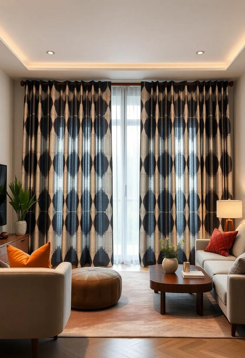 Monochrome Geometric Curtains Mounted On Polished Walnut Rods For A Contemporary And Clean Look