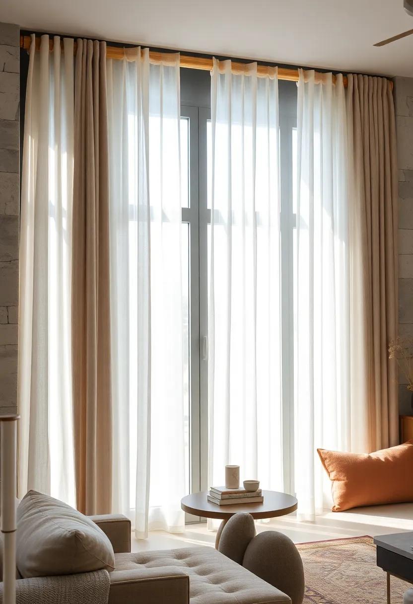 Translucent Curtains On Curved Wooden Rods Accentuating Soft Natural Light Flowing Into The Room