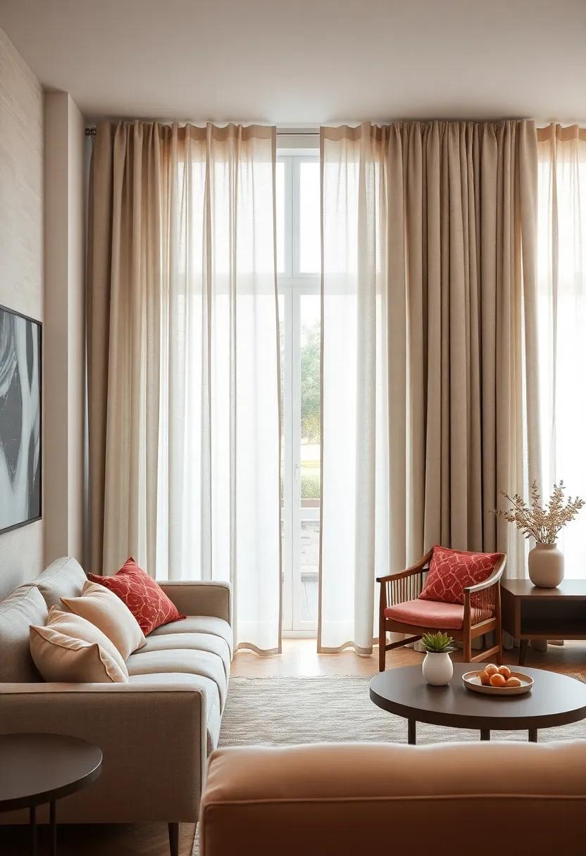 Multilayered Curtains In Subtle Ombre Hues Draped On Textured Walnut Rods For A Soft Contemporary Style