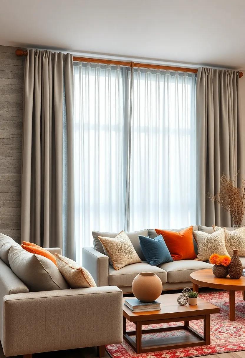 Soft Grey Curtains On Rustic Pine Rods Creating A Soothing And Organic Living Room Environment
