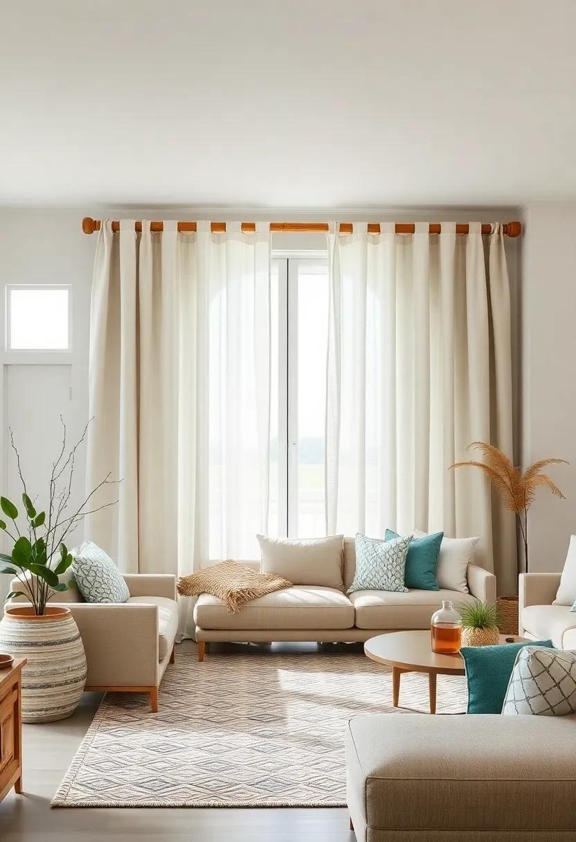 Breezy Linen Curtains Hanging From Smooth Bamboo Rods Evoking A Calm Coastal Living Room Vibe