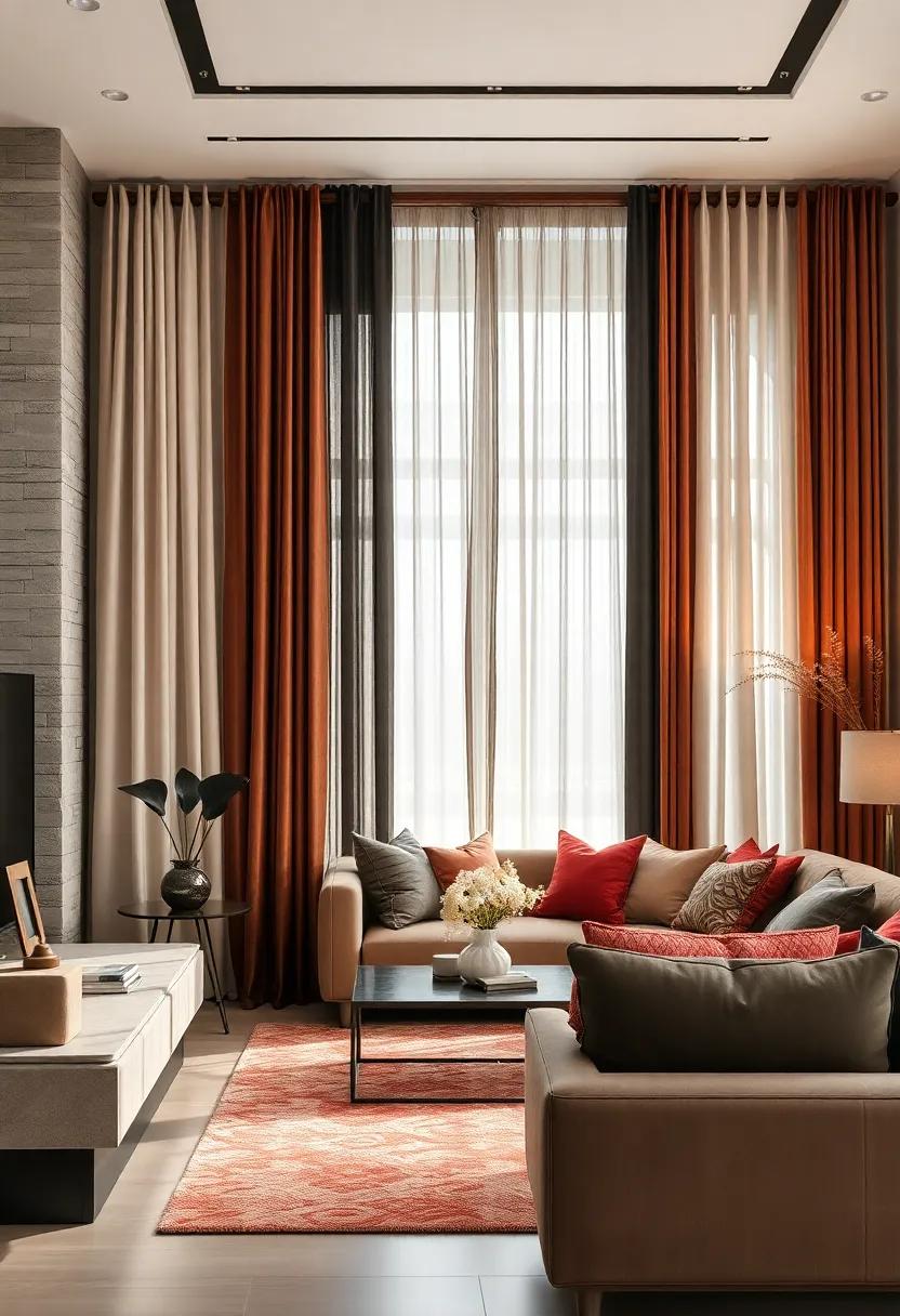 Contrast Rich Curtains With Mahogany Wood Rods Enhancing The Depth And Warmth Of The Space