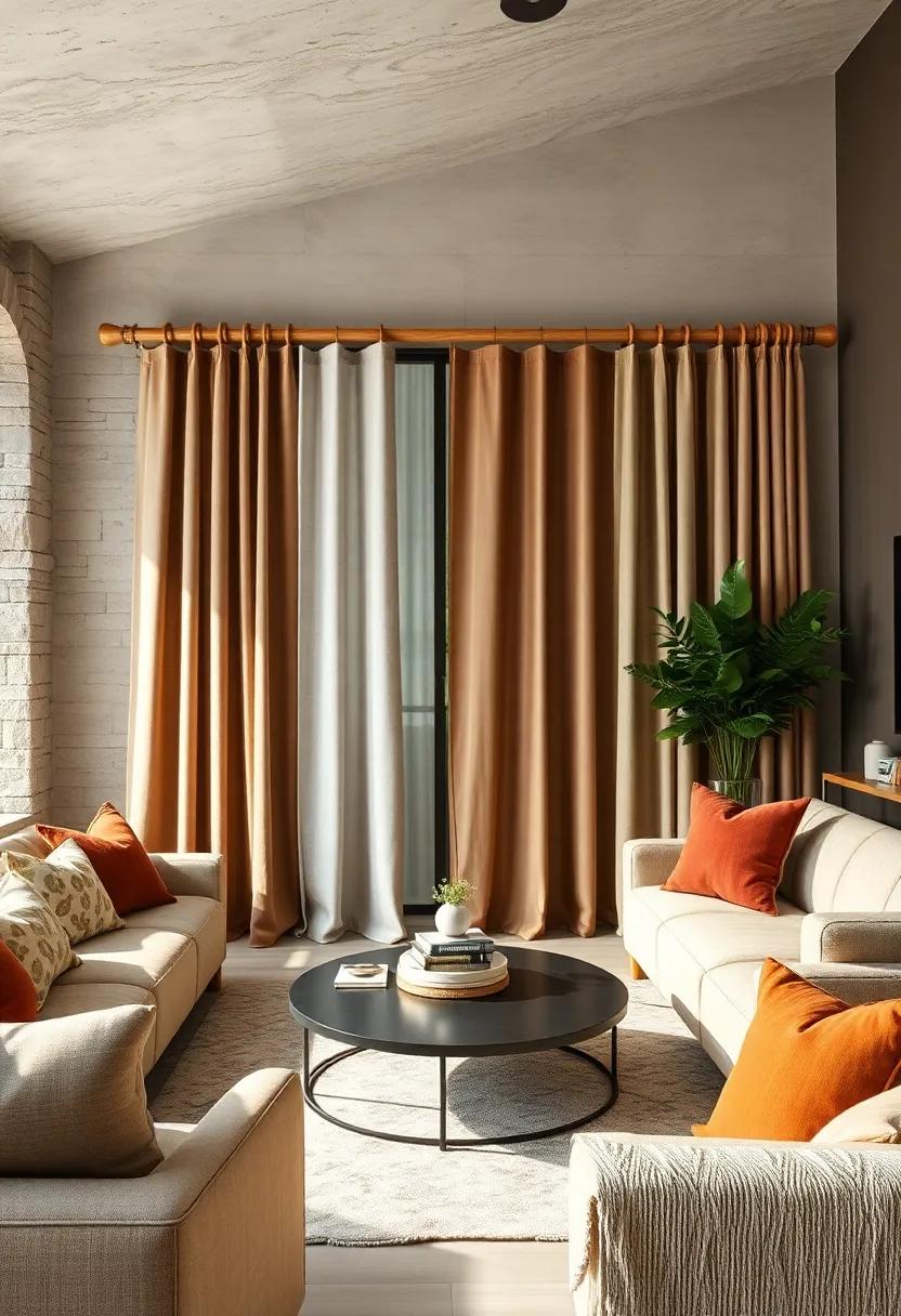 Earthtone Curtains Paired With Handcrafted Wooden Rods For An Artisan Crafted Living Room Feel