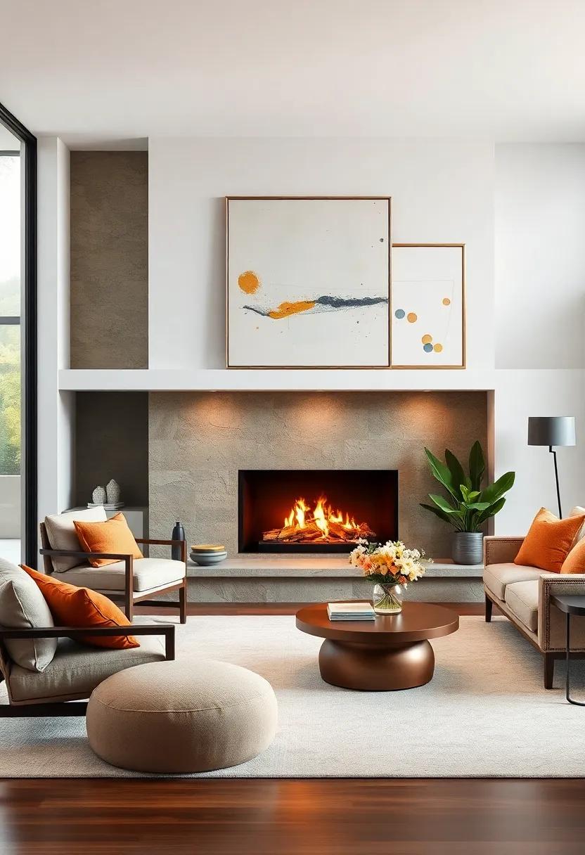 Balancing Warmth and Minimalism with a Sleek Fireplace Surrounded by Abstract Modern Art Pieces