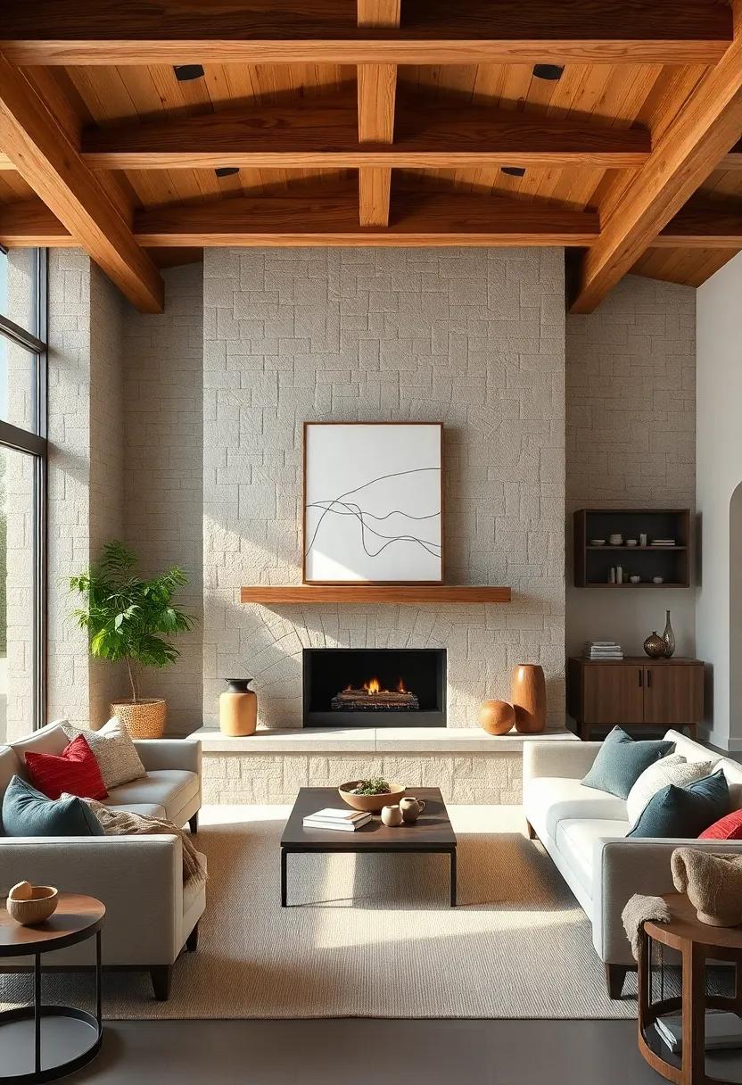 Rustic Wooden Beams Overhead Complementing a Clean-Lined Fireplace and Minimalist Line Drawings