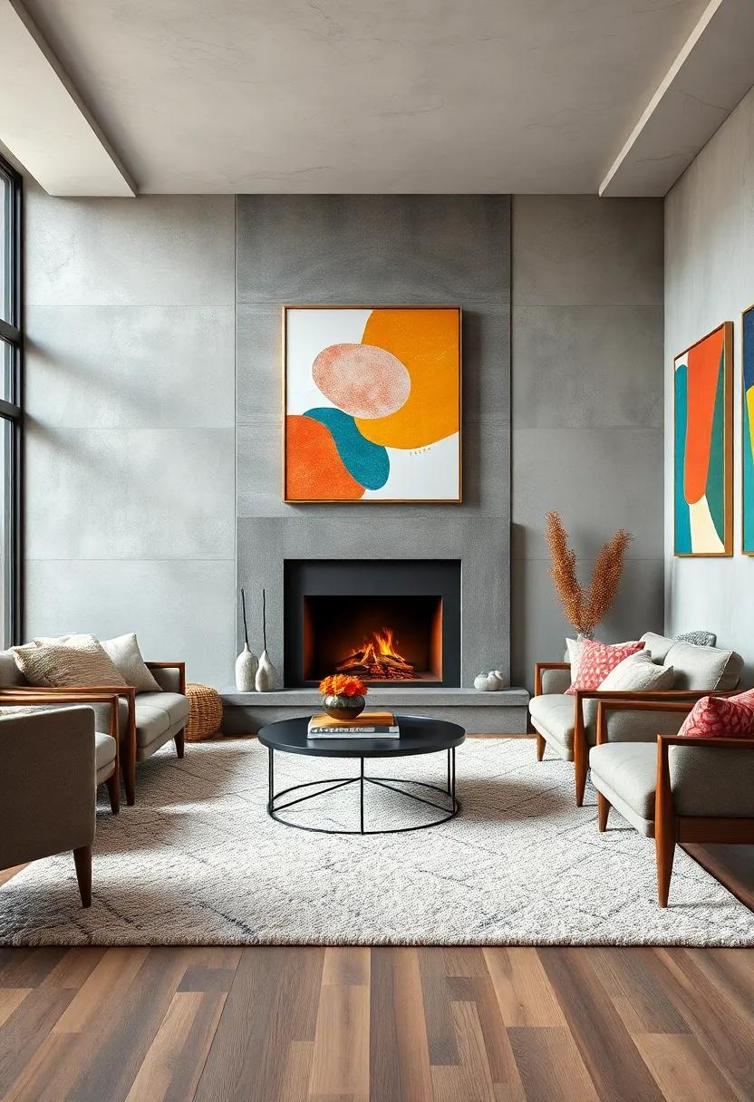 Merging Textures with a Plush Rug and Smooth Concrete Walls Featuring Colorful Geometric Paintings