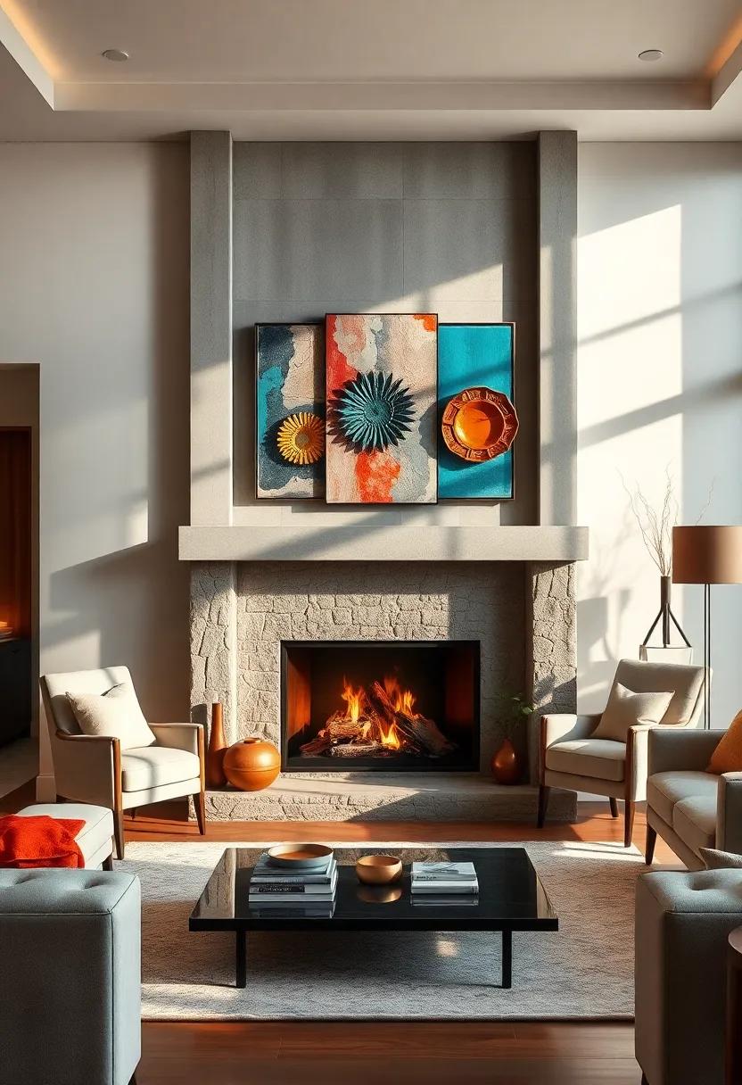 Soft Lighting Casting Shadows on a Stone Fireplace Flanked by Vibrant Contemporary Wall Sculptures