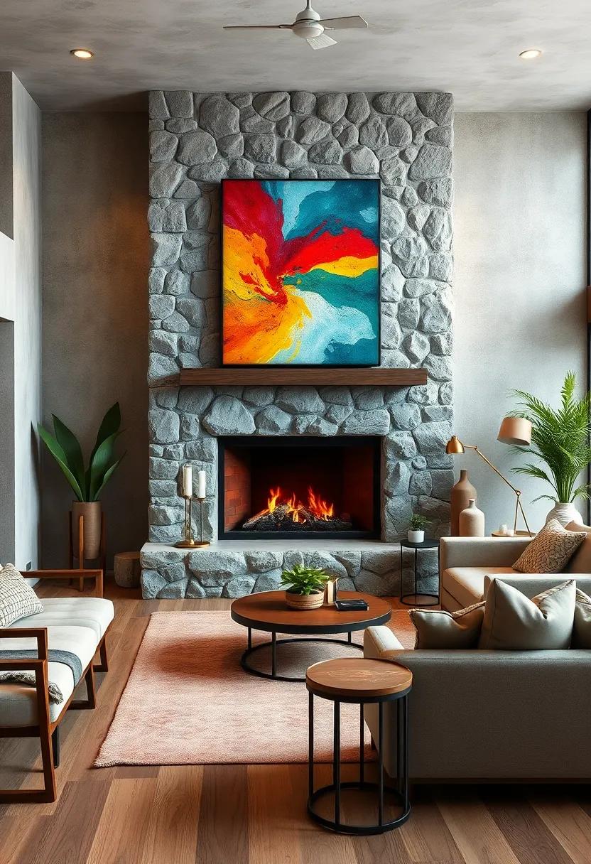 A Mix of Organic and Industrial Elements with a Rough Stone Hearth and Color-Saturated Modern Murals