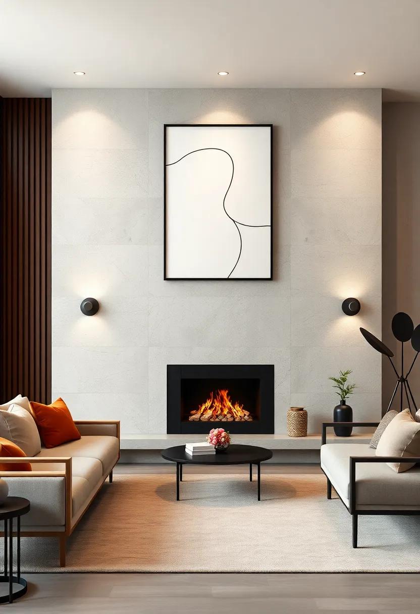 A Fireplace Insert in a Matte Black Frame Flanked by Simplistic Line Art on Pale, Textured Walls