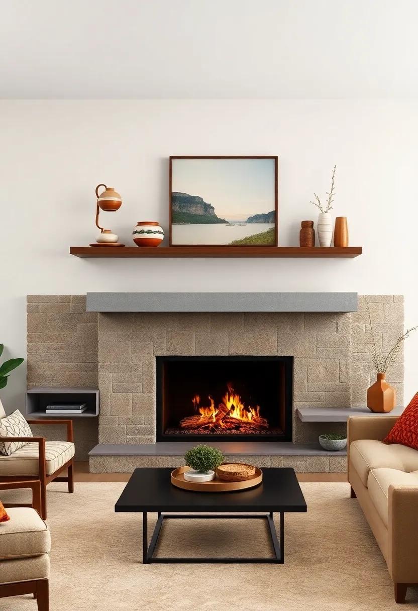 Floating Shelves Displaying Eclectic Modern Ceramics Underneath a Linear Fireplace with Clean Lines
