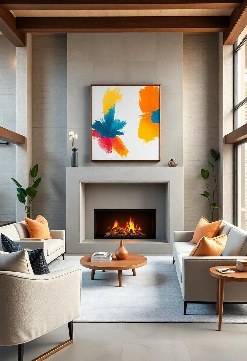 Soft Velvet Throws and Cushions Paired With a Sleek White Fireplace and Vibrant Contemporary Portraits