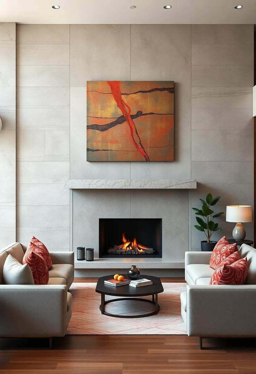 Abstract Metallic Wall Art Above a Minimalist Fireplace with Low Profile Modular Seating Arranged Nearby