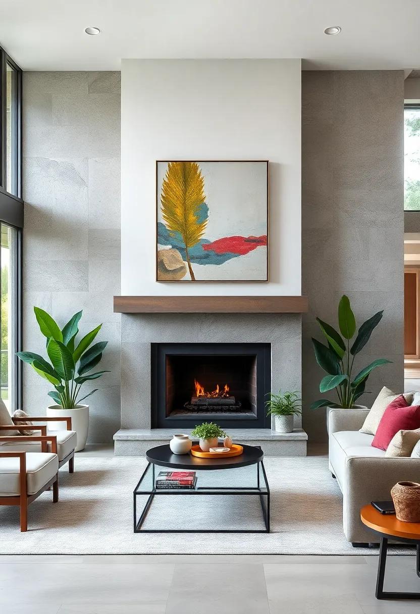 Incorporating Natural Elements Such as Potted Greenery Around a Streamlined Fireplace and Mixed-Media Art