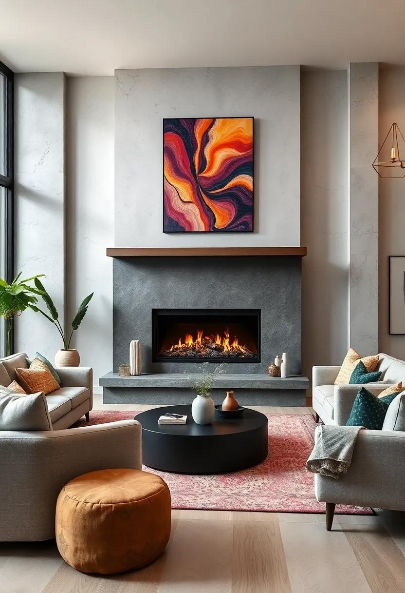 Multifunctional Furniture Surrounding a Double-Sided Fireplace Highlighted by Digitally Inspired Wall Art