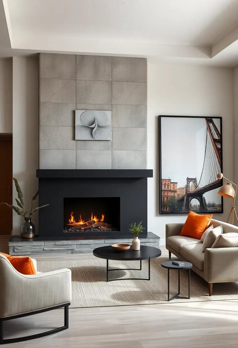Neutral Color Palettes Highlighting a Matte Black Fireplace and Large-Scale Modern Artworks