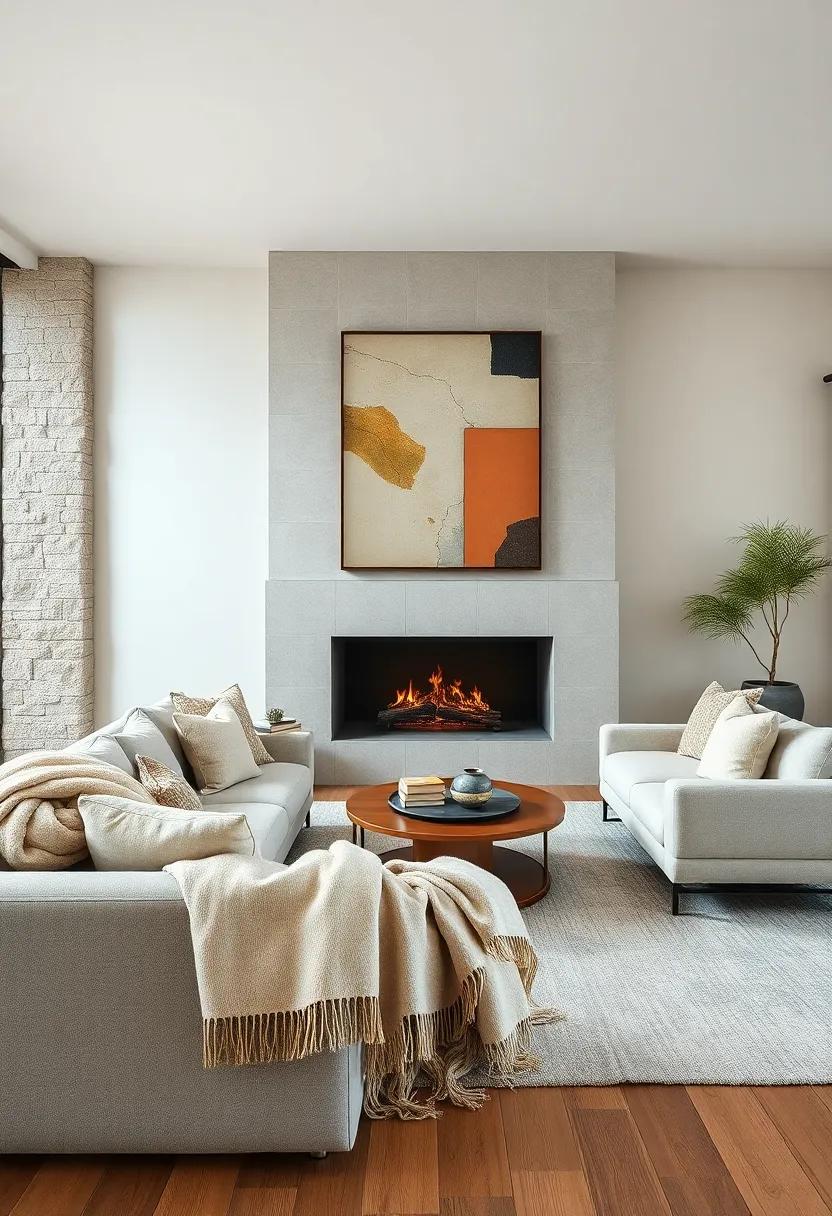 Layering Natural Wool Throws Over a Modular Sectional in Front of a Minimalist Fireplace and Abstract Collages