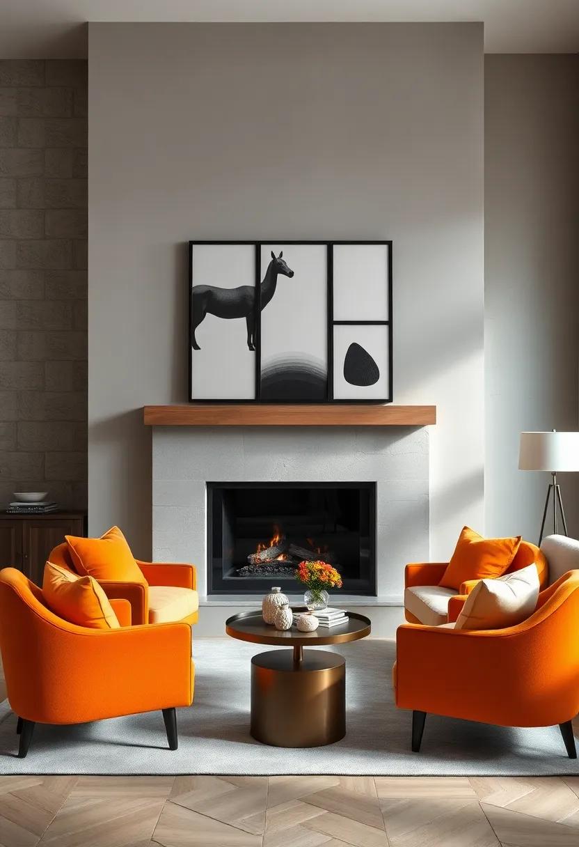 Contrasting Bright Accent Chairs with a Matte Stone Fireplace Below a Series of Monochrome Modern Prints