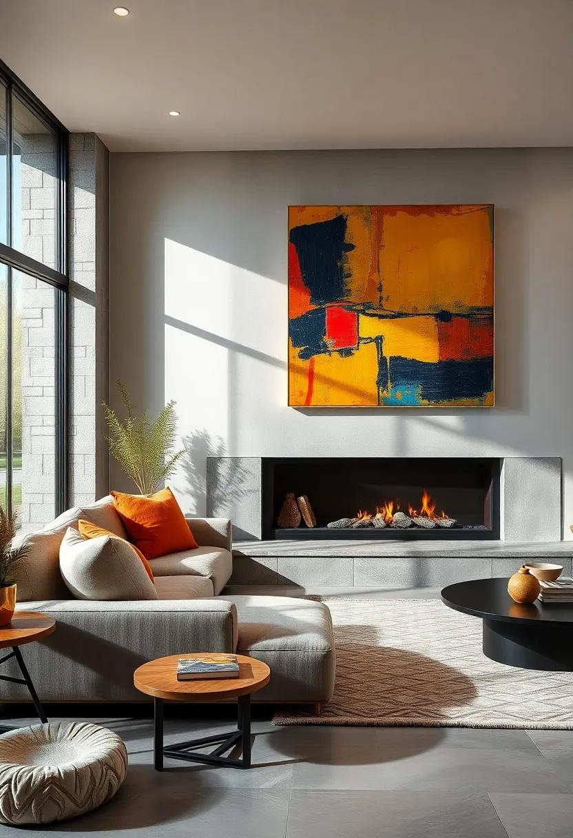 A Cozy Corner Sofa Positioned Near a Modern Glass Fireplace with Bold, Expressionist Canvases