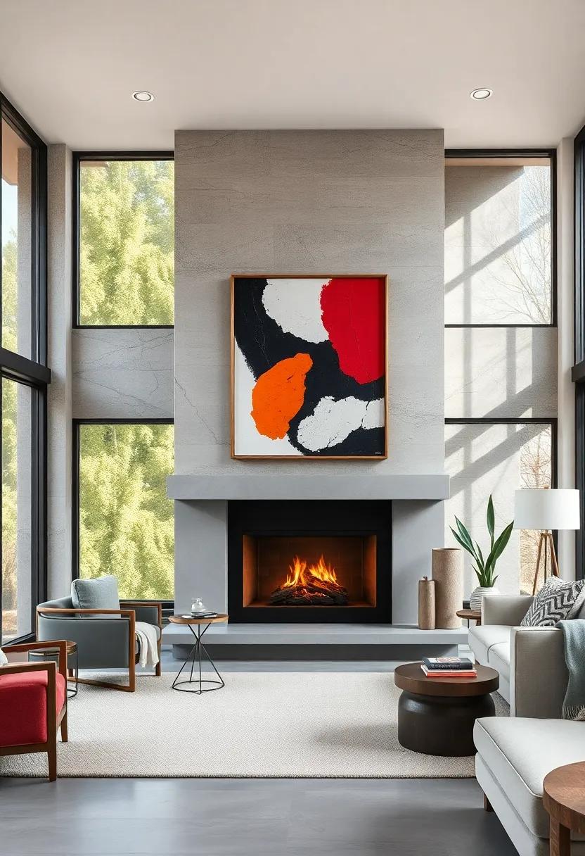 Floor-to-Ceiling Windows Framing a Contemporary Fireplace With Juxtaposed Bold, Graphic Art Pieces