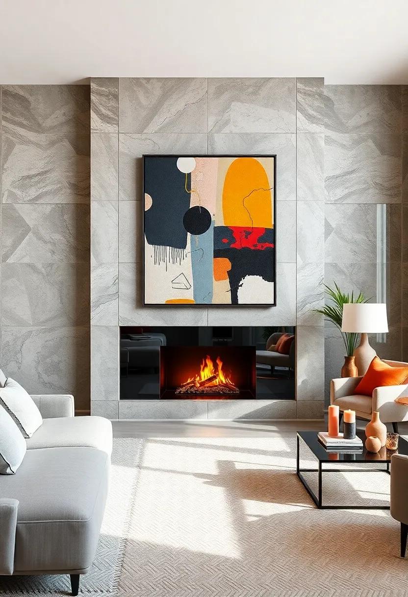 Mirrored Surfaces Reflecting a Sleek Fireplace Fitted into a Bold Wall Featuring Mixed-Media Contemporary Art