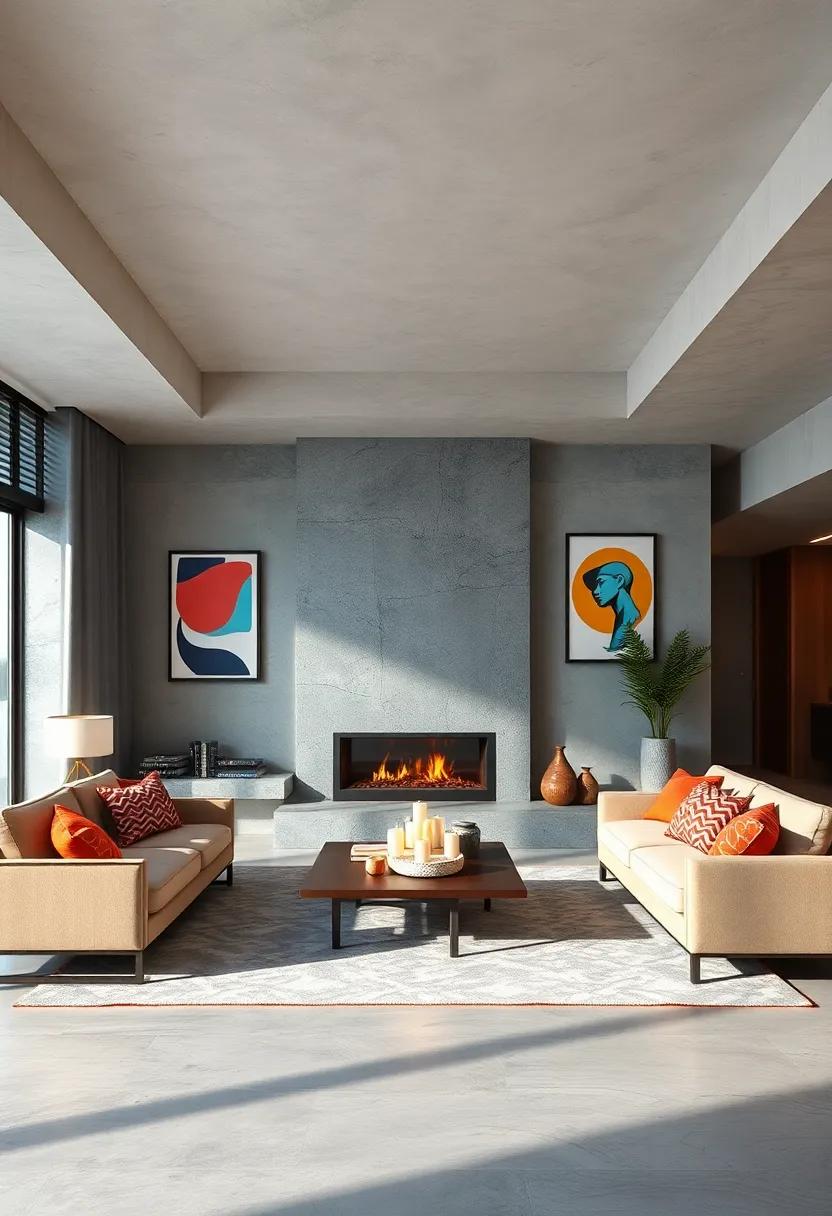 An Open Concept Living Space Featuring A Floating Fireplace Surrounded by Dynamic Pop Art Frames