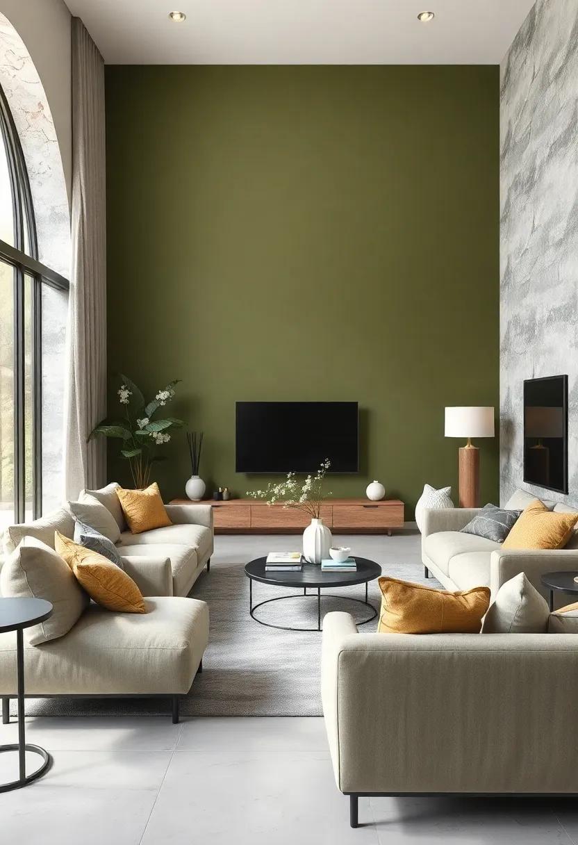 Olive‍ Green and Light Gray: This earthy duo invites the outdoors in, fostering a grounded and relaxed ambiance