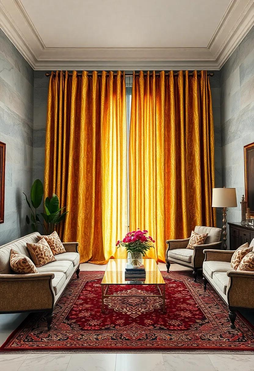 Antique Gold Brocade Drapes Complimenting Vintage Furniture and Persian Rugs in an Elegant Study