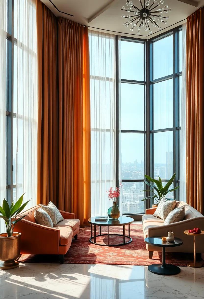 Art Deco Inspired Drapery Designs Featuring Bold Lines and Luxurious Fabrics on Tall Windows of a Vintage Penthouse
