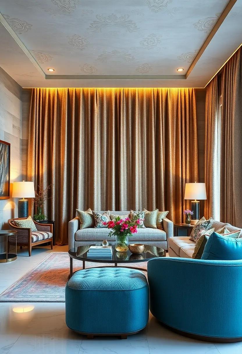 Classic Striped Damask Drapes in Muted Metallic Tones Elevating a Traditional Sitting Room with Understated Glamour